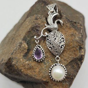 Silver Filigree Phoenix Swan Pendant Mabe Pearl Amethyst Statement Art
